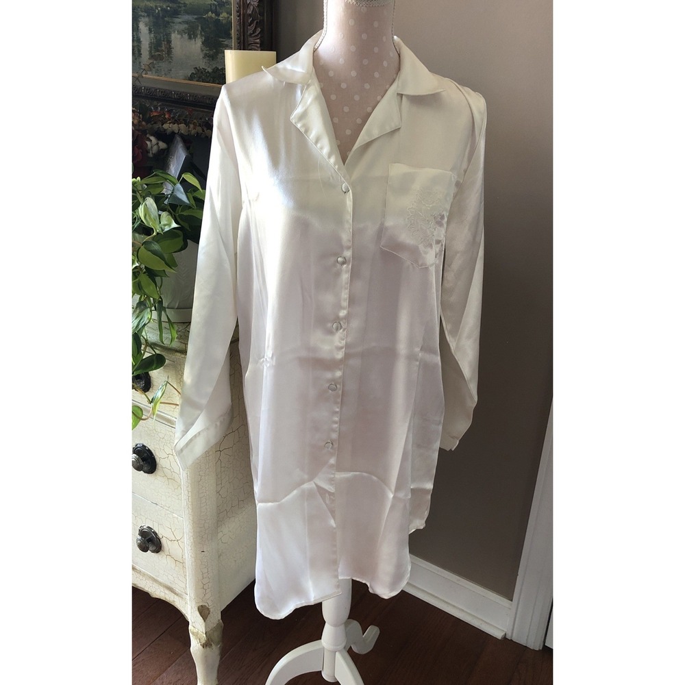 Vtg Night Shirt L/S Button Up Long Nightgown White Satin Size Small Embroidery